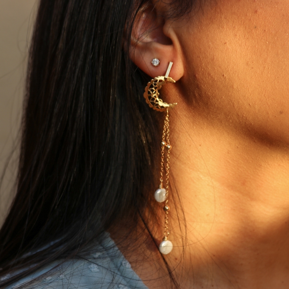 Gold Crescent Moon Drop Earrings with Pearl Accents